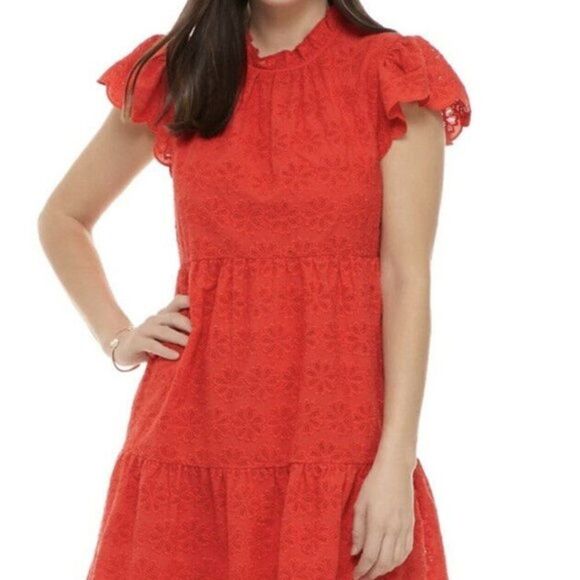 Crown & Ivy Red Floral Lined Dress Flutter Sleeves - Picture 1 of 4
